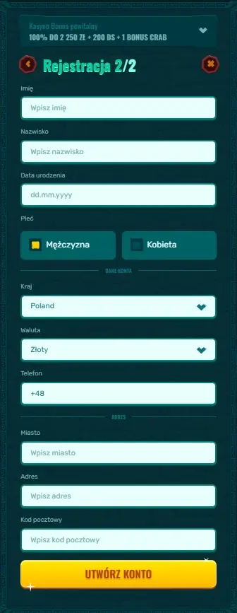 formularz rejestracyjny Casino spinanga trzeci krok